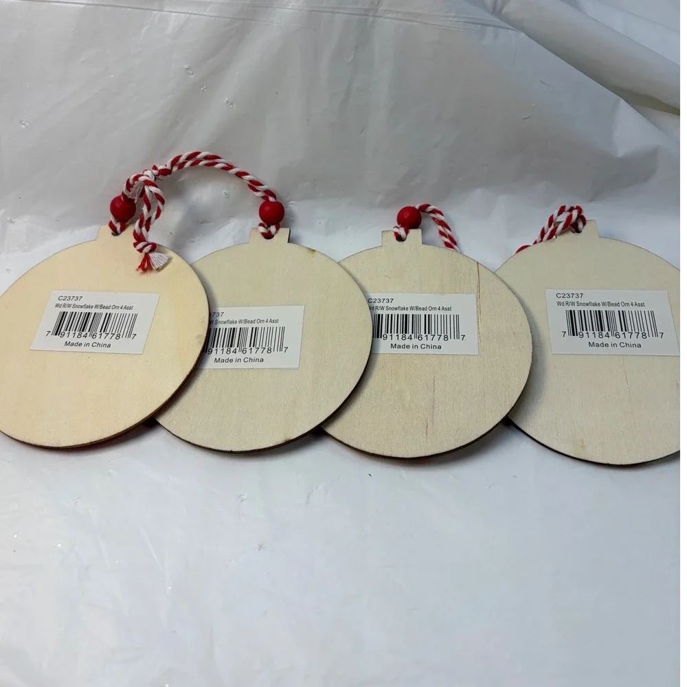 4pc Red White Wooden Snowflake Christmas Ornaments Plaid Polka Dot Striped Decor